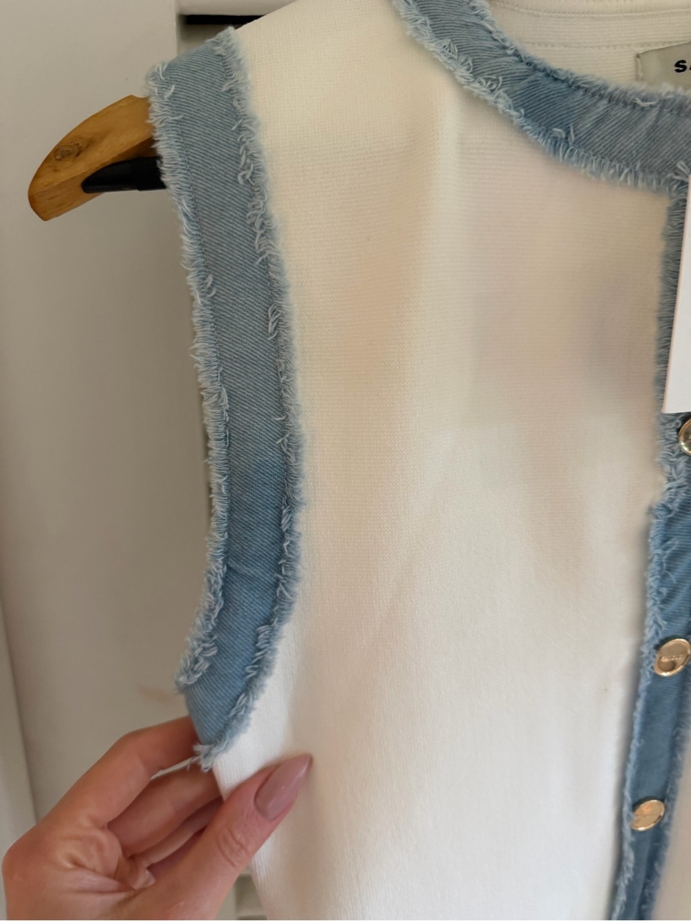 Sandro White Top with Light Blue Frayed Trim and Gold Buttons - Picture 3 of 4